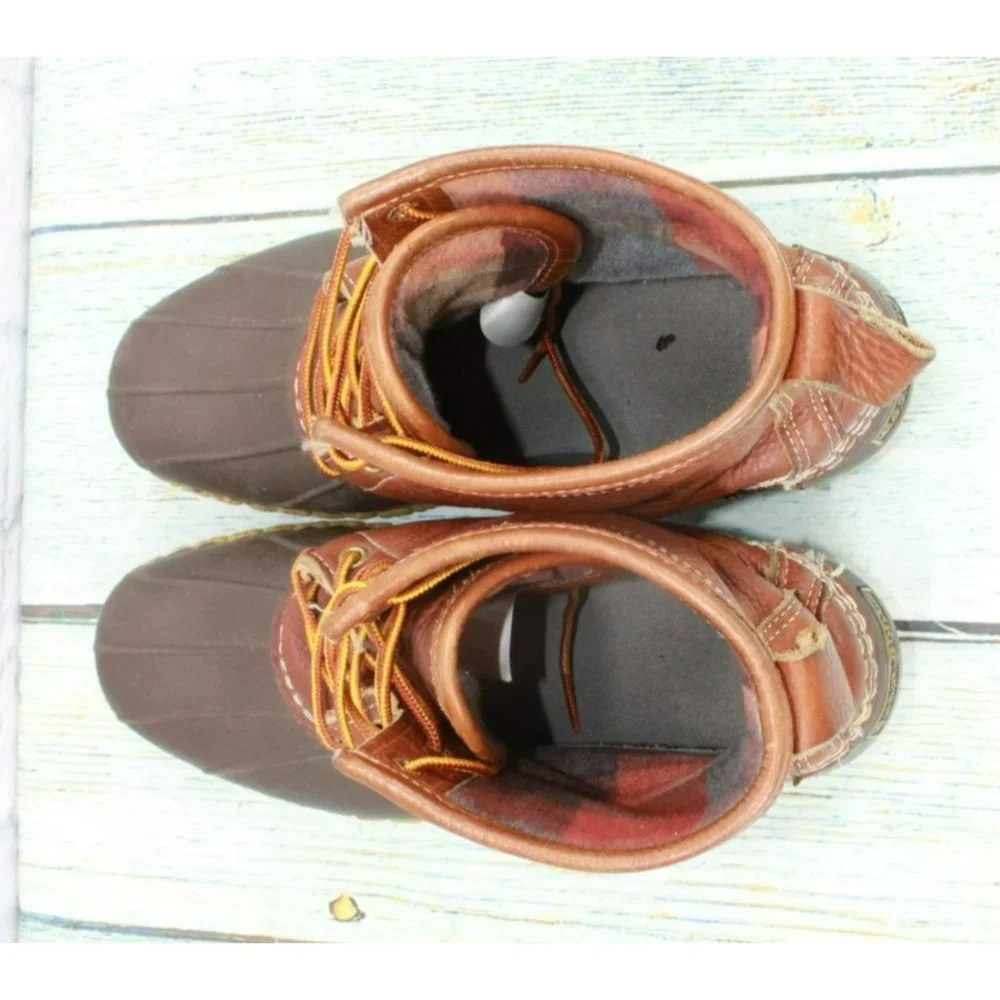 LL Bean Brown Leather 8" Lace Up Flannel Lined Duck Boots Size 10 M - Picture 7 of 10